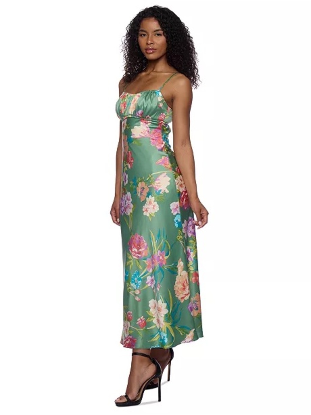 Green Floral Satin Slip Midi Dress with Spaghetti Straps